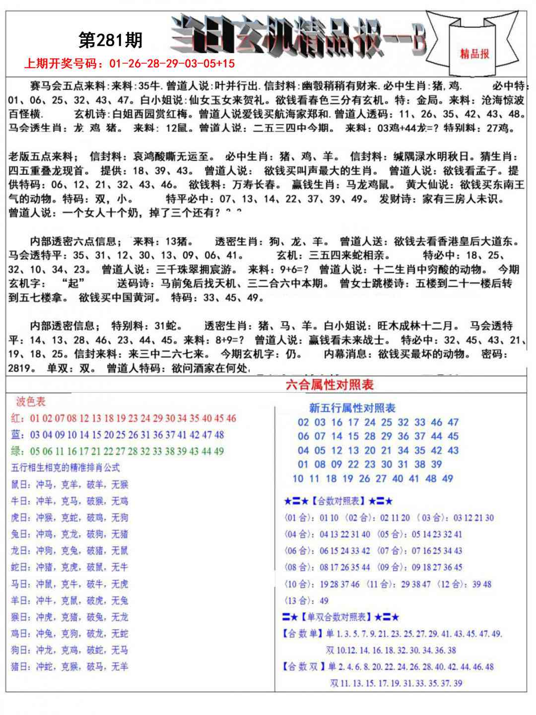 当日玄机精品报B 第281期