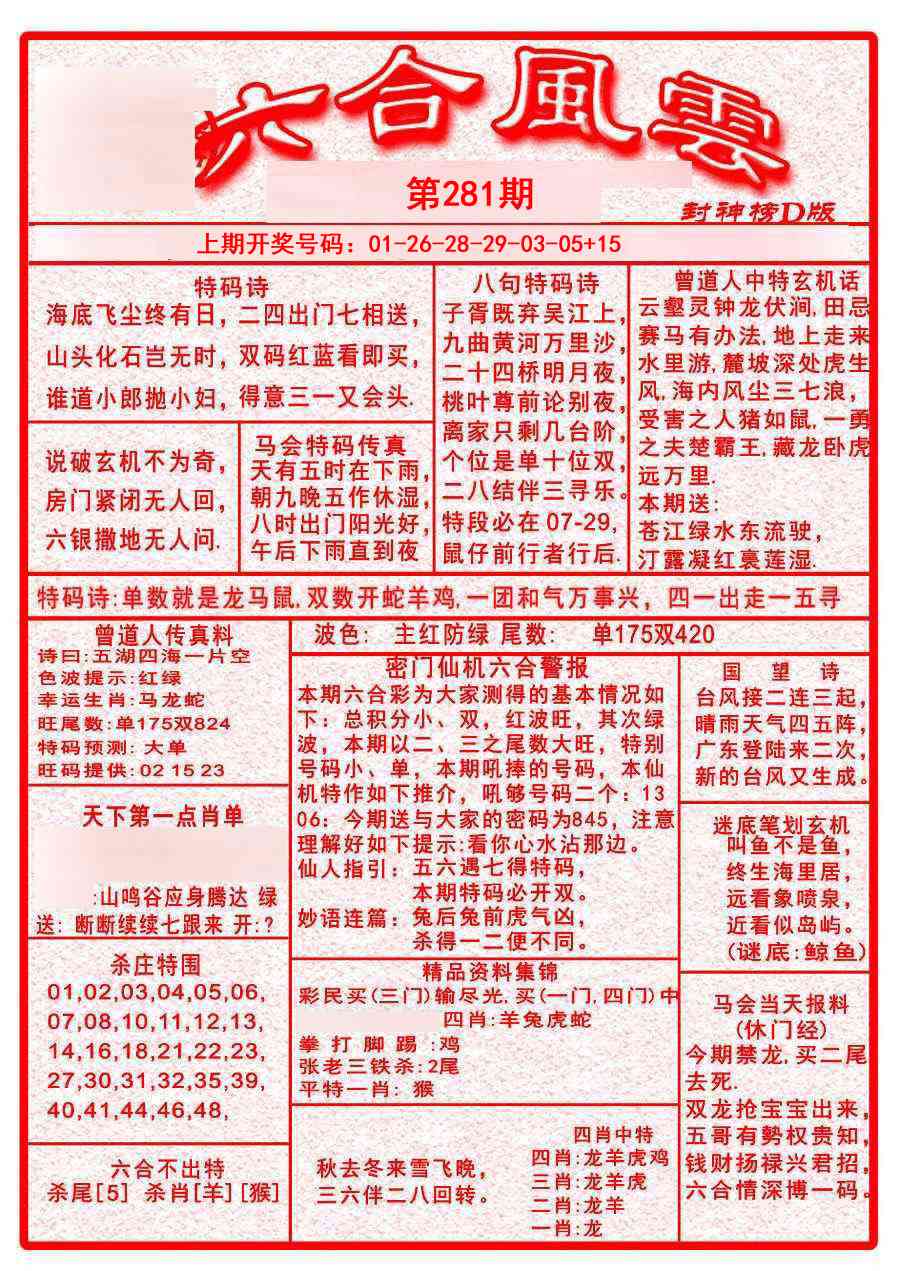 六合风云A 第281期