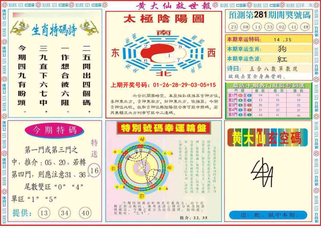 新黄大仙救世B 第281期