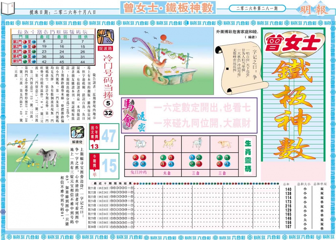 曾女士铁板神数A 第281期