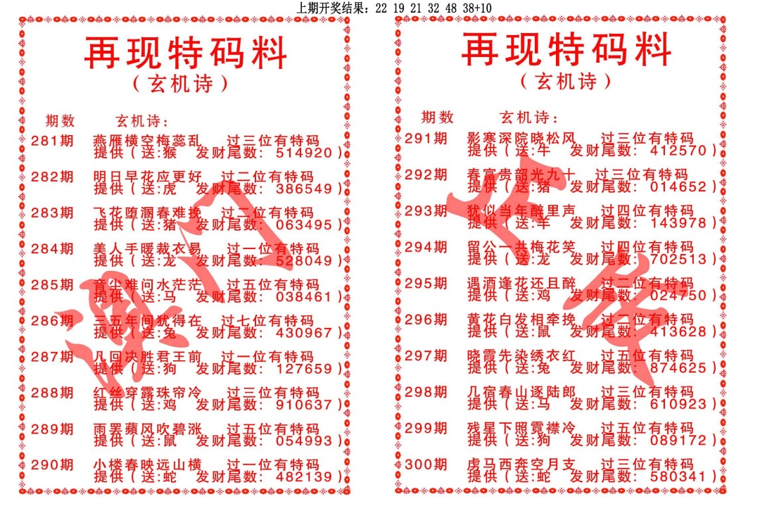 再现特码料 第281期