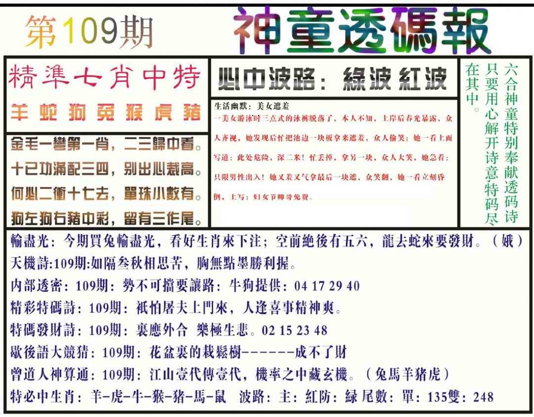 神童透码报(正版) 第109期
