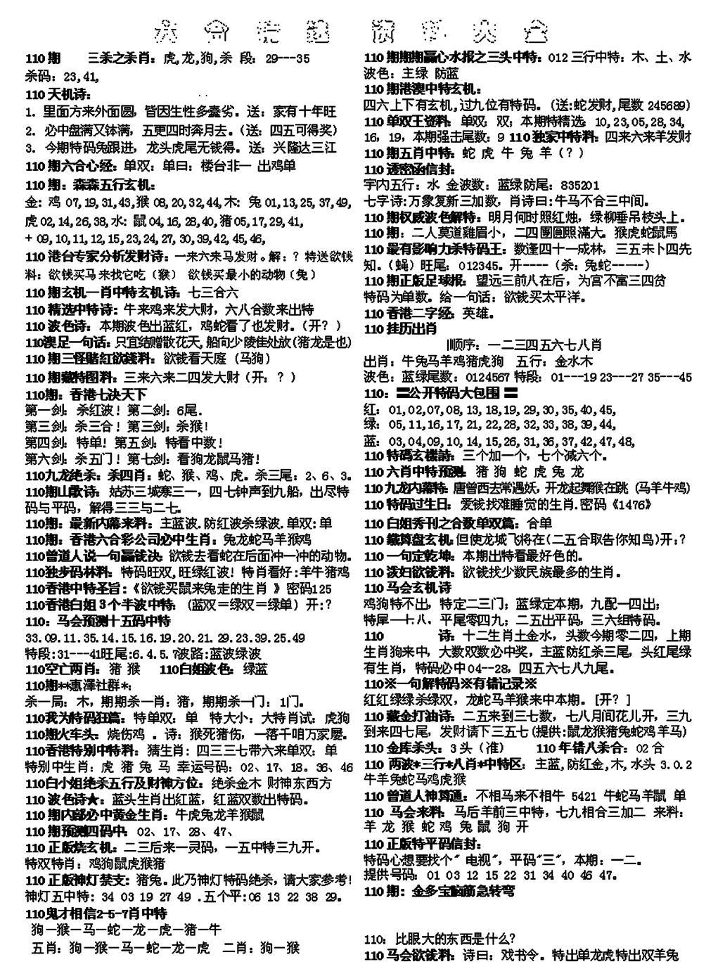 六合精选资料大全 第110期