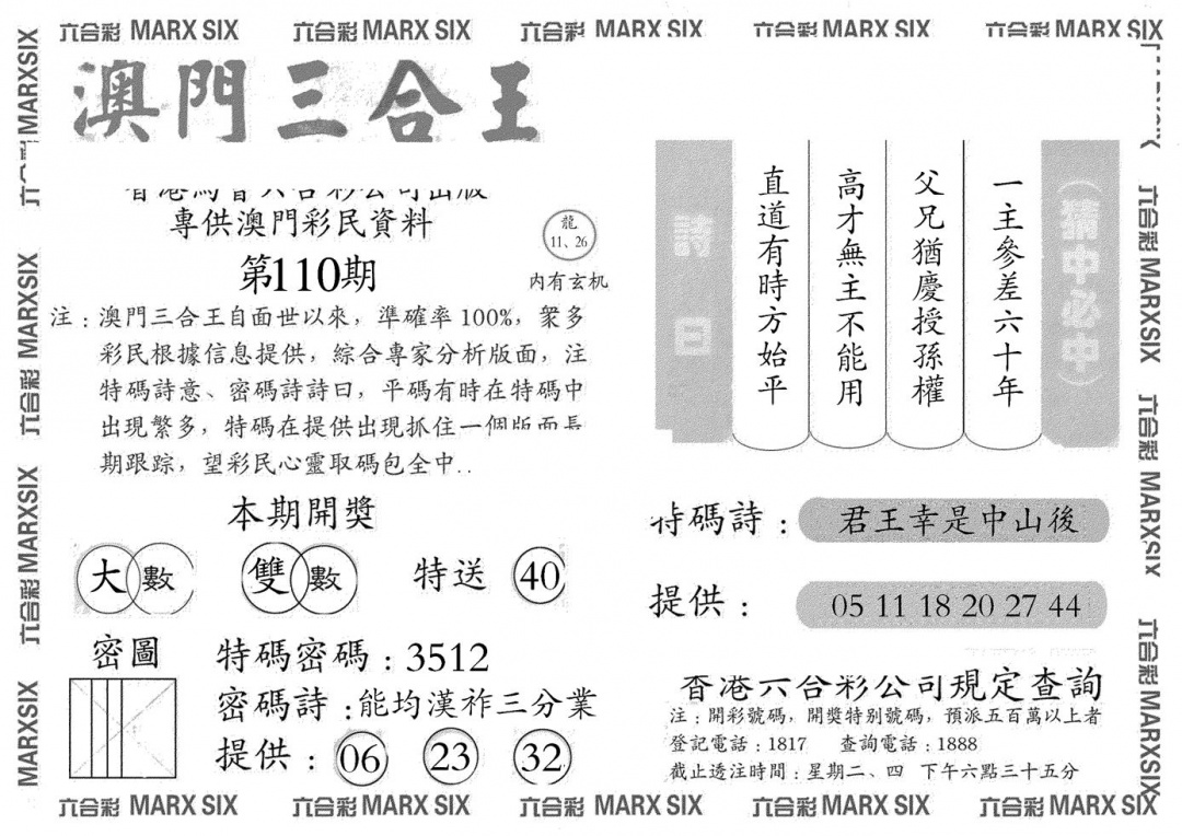 澳门三合王A 第110期