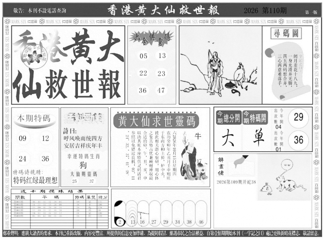 香港黄大仙A 第110期